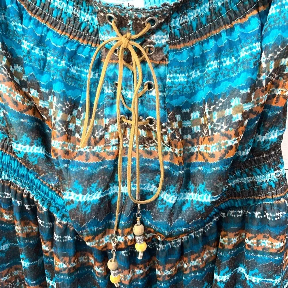 Ya Los Angeles‎ Silk like Strapless Dress Medium Blue Boho Smocked Mini